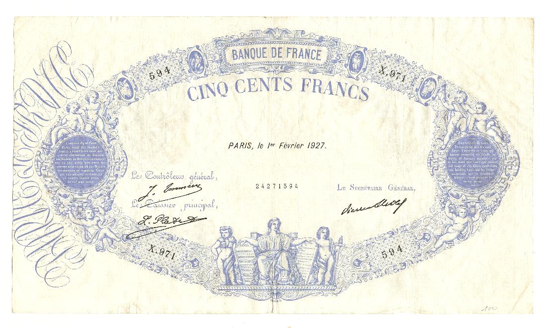 500 Francs (Bleu et rose) 1-2-1927 -SUP